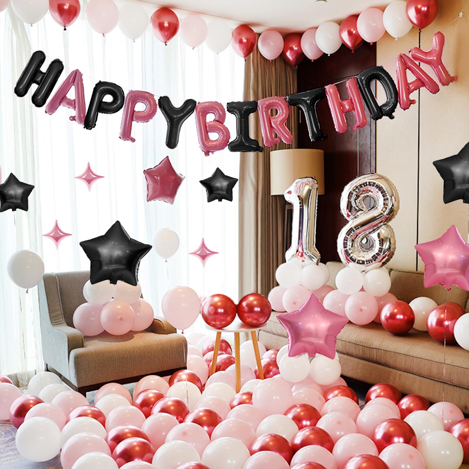 CANREVEL Happy Birthday Banner 16in - 13-Letter Set + 12 Star Balloons, Black & Pink 3D Party Decor