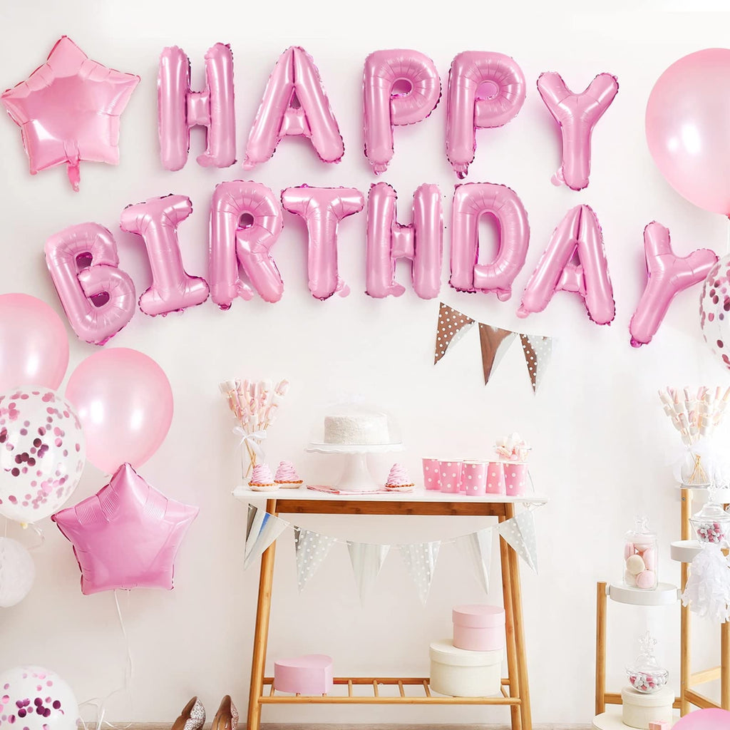 CANREVEL Happy Birthday Banner Set 13 Letters + 12 Pink Balloons – 16in Letters & 18in Star Decor