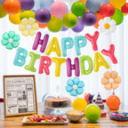 CANREVEL Happy Birthday Banner 13pc – 16in 3D Macaron Foil Letters + 5 Flower Balloons