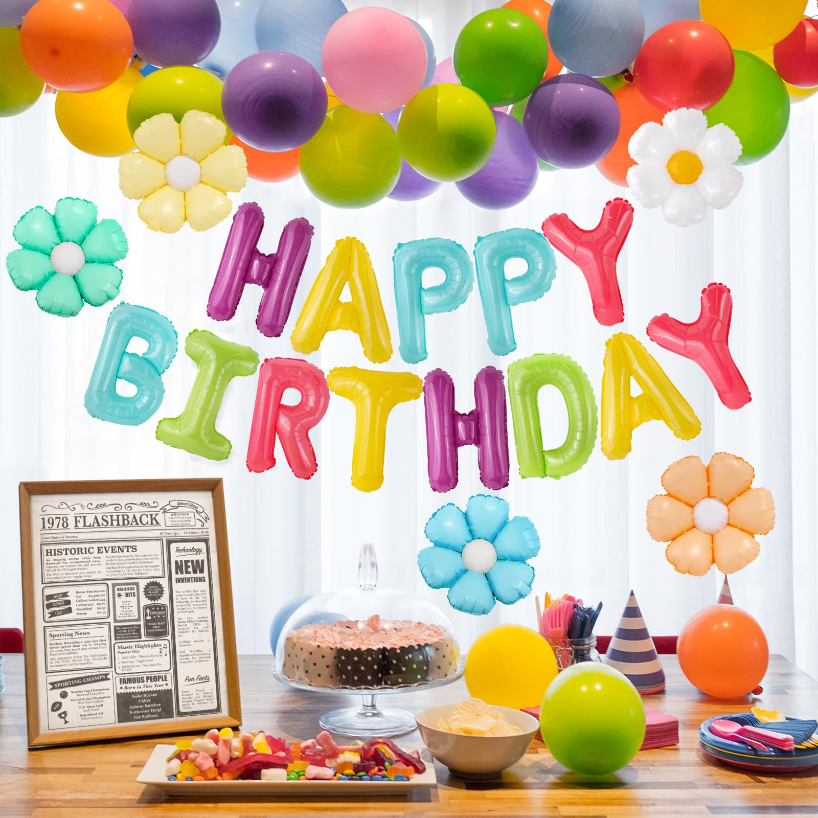 CANREVEL Happy Birthday Banner 13pc – 16in 3D Macaron Foil Letters + 5 Flower Balloons