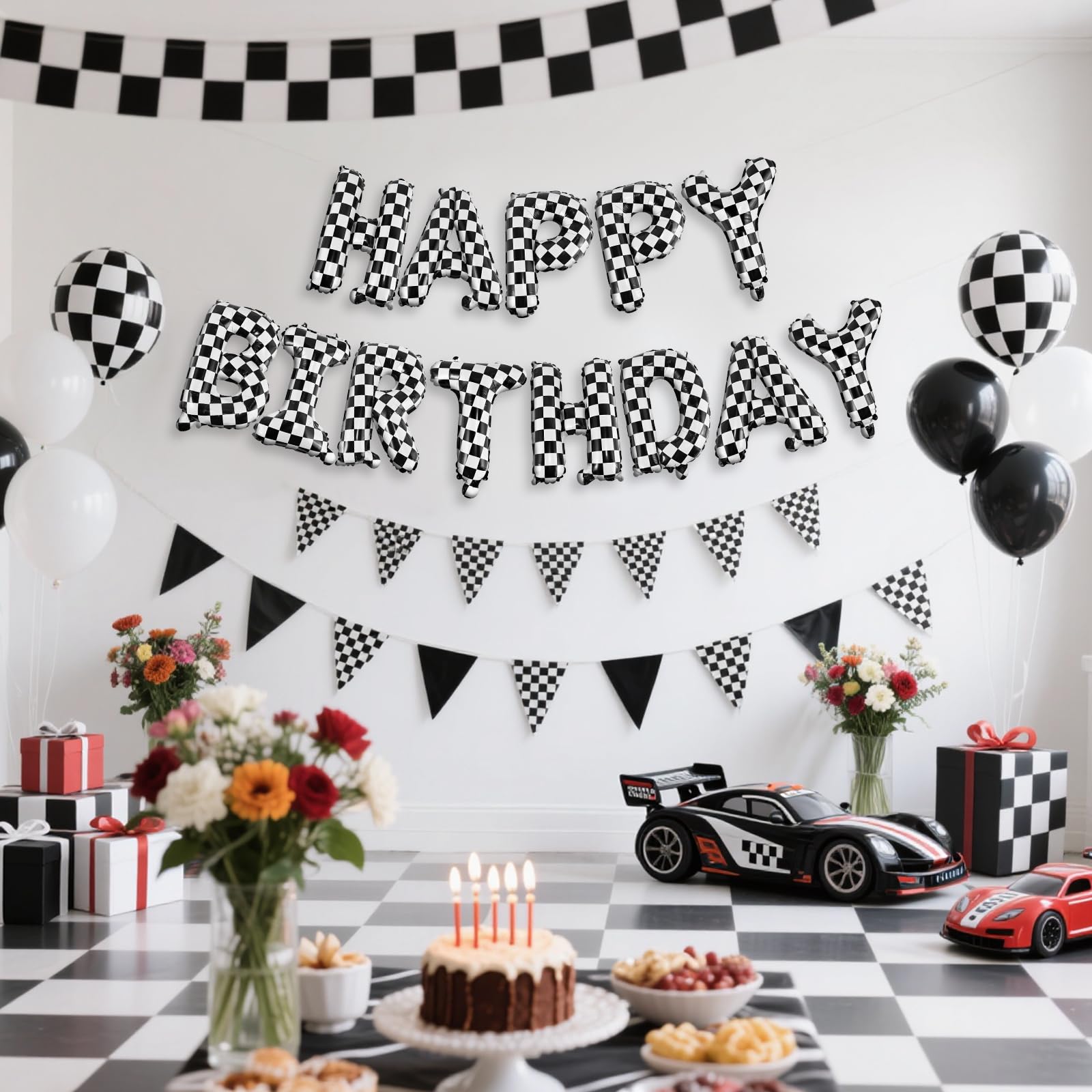 CANREVEL Happy Birthday Banner 13pc 16in Mylar Foil Letters — Racing Car Checkered Party Decor