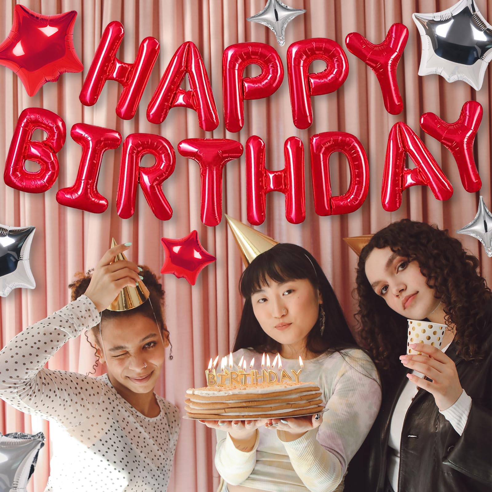 CANREVEL Happy Birthday Banner 13pcs - 16-Inch Red 3D Mylar Foil Letters & Balloons