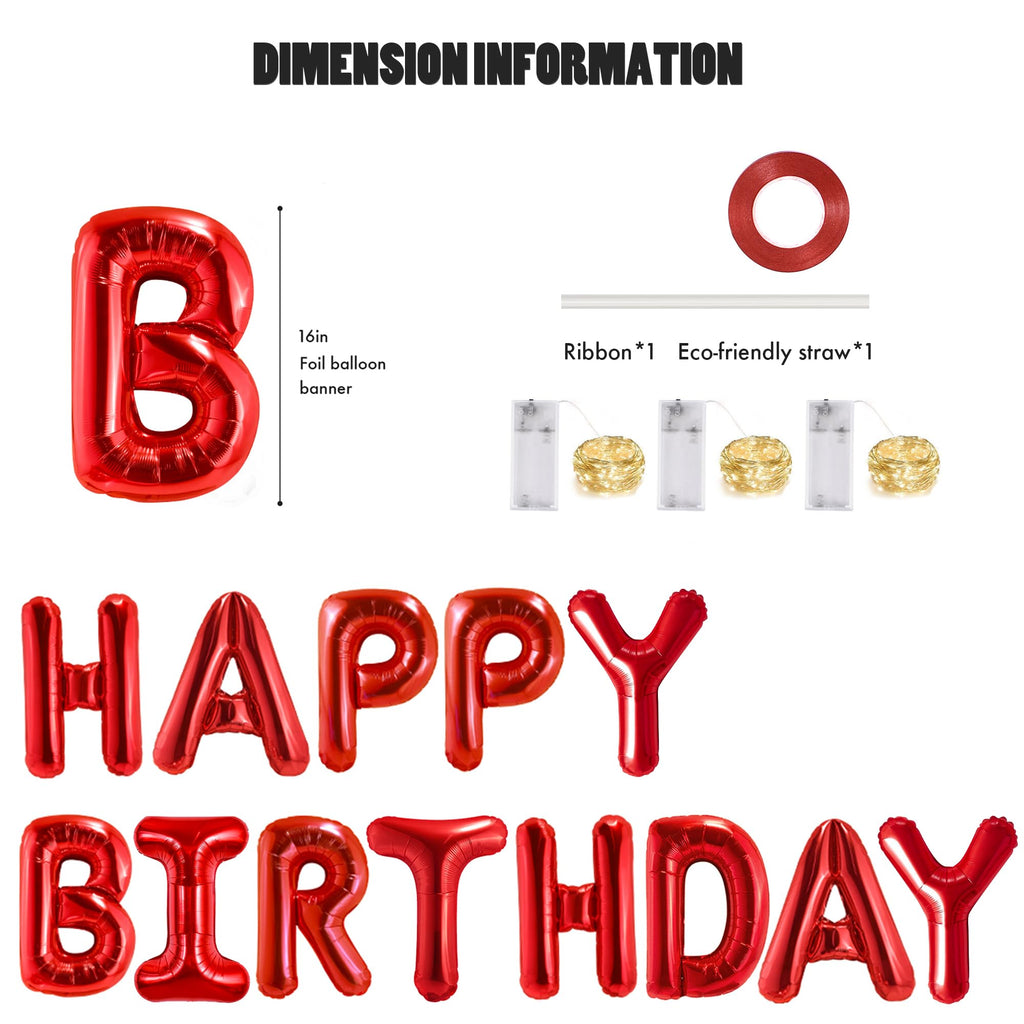CANREVEL Happy Birthday Banner 13pc 16-Inch Mylar Foil Letters with LED Lights – 3D Red Party Decorations