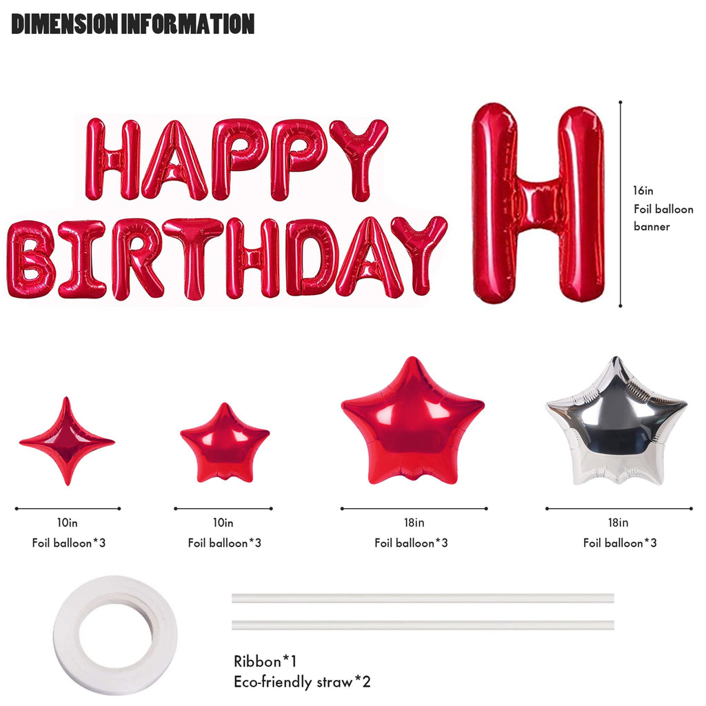 CANREVEL Happy Birthday Banner 16in Letters + 12 Red Star Balloons – 3D Red Party Decorations
