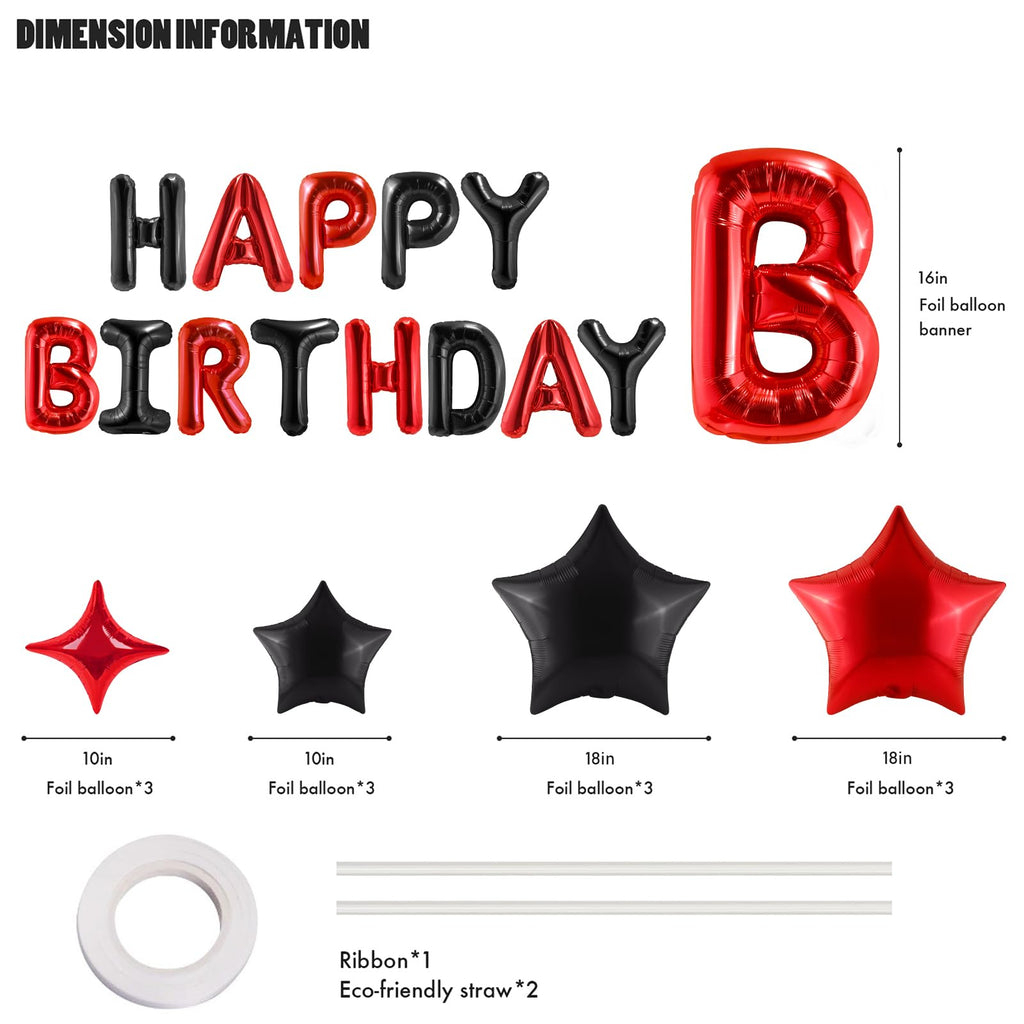 CANREVEL Happy Birthday Banner 13pc 16in + 12 Star Balloons – Black & Red