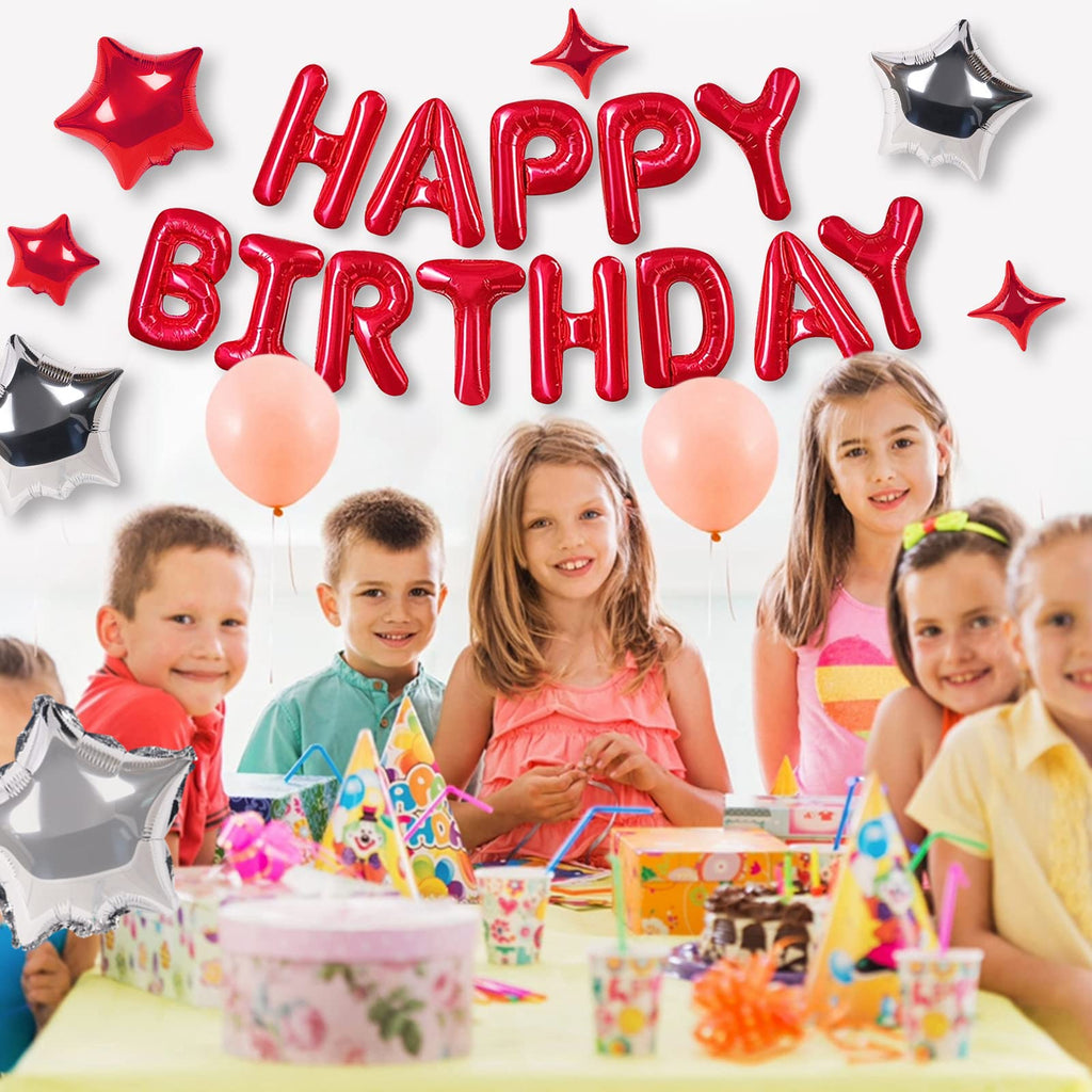 CANREVEL Happy Birthday Banner 16in Letters + 12 Red Star Balloons – 3D Red Party Decorations