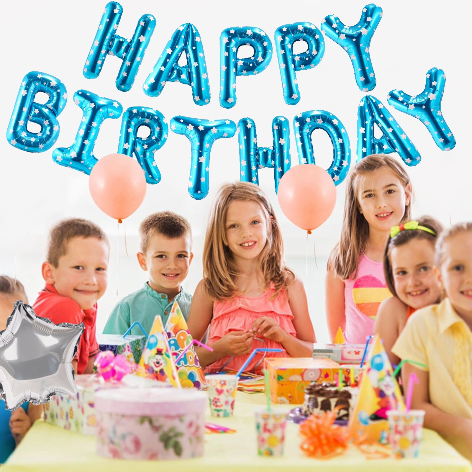 CANREVEL Happy Birthday Banner - 13 Pcs 16-Inch Foil Letter Balloons with 3D Blue Star