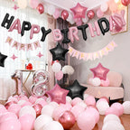 CANREVEL Happy Birthday Banner 16in - 13-Letter Set + 12 Star Balloons, Black & Pink 3D Party Decor