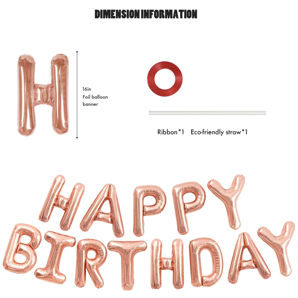 CANREVEL Happy Birthday Banner 13pc 16in Rose Gold Mylar Letters - Party Decor