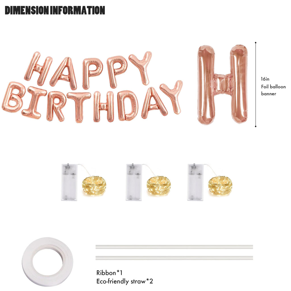 CANREVEL Happy Birthday Banner - 13pc 16-inch Rose Gold Foil Letters with LED Lights