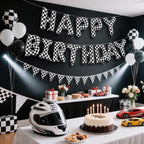CANREVEL Happy Birthday Banner 13pc 16in Mylar Foil Letters — Racing Car Checkered Party Decor