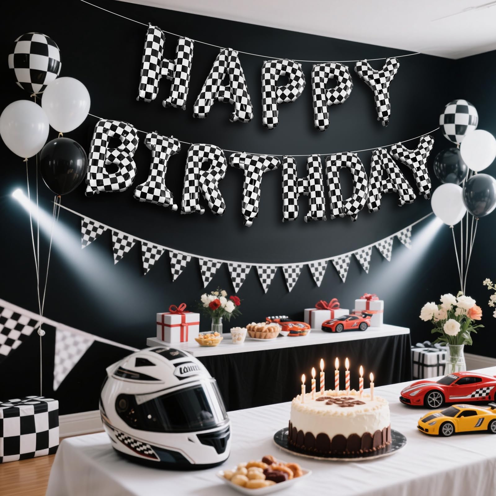 CANREVEL Happy Birthday Banner 13pc 16in Mylar Foil Letters — Racing Car Checkered Party Decor