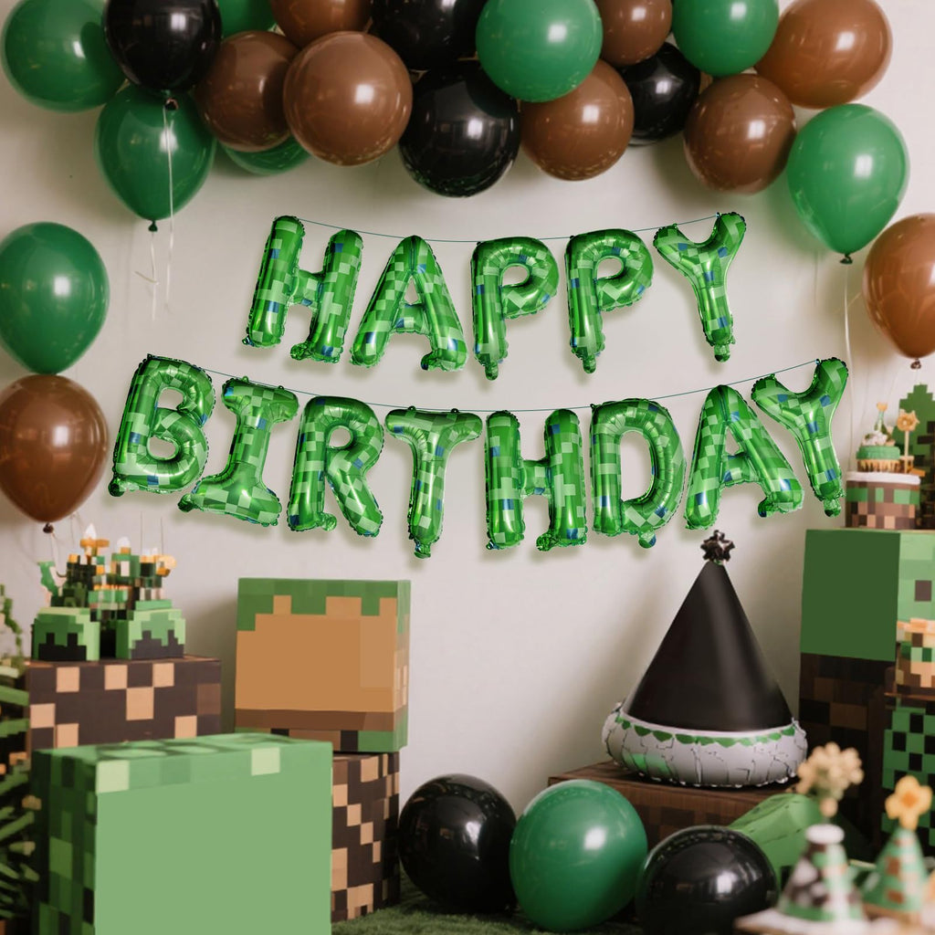 CANREVEL Happy Birthday Banner 13pc 16in Green Pixel Miner Theme – Party Decor for Kids and Adults