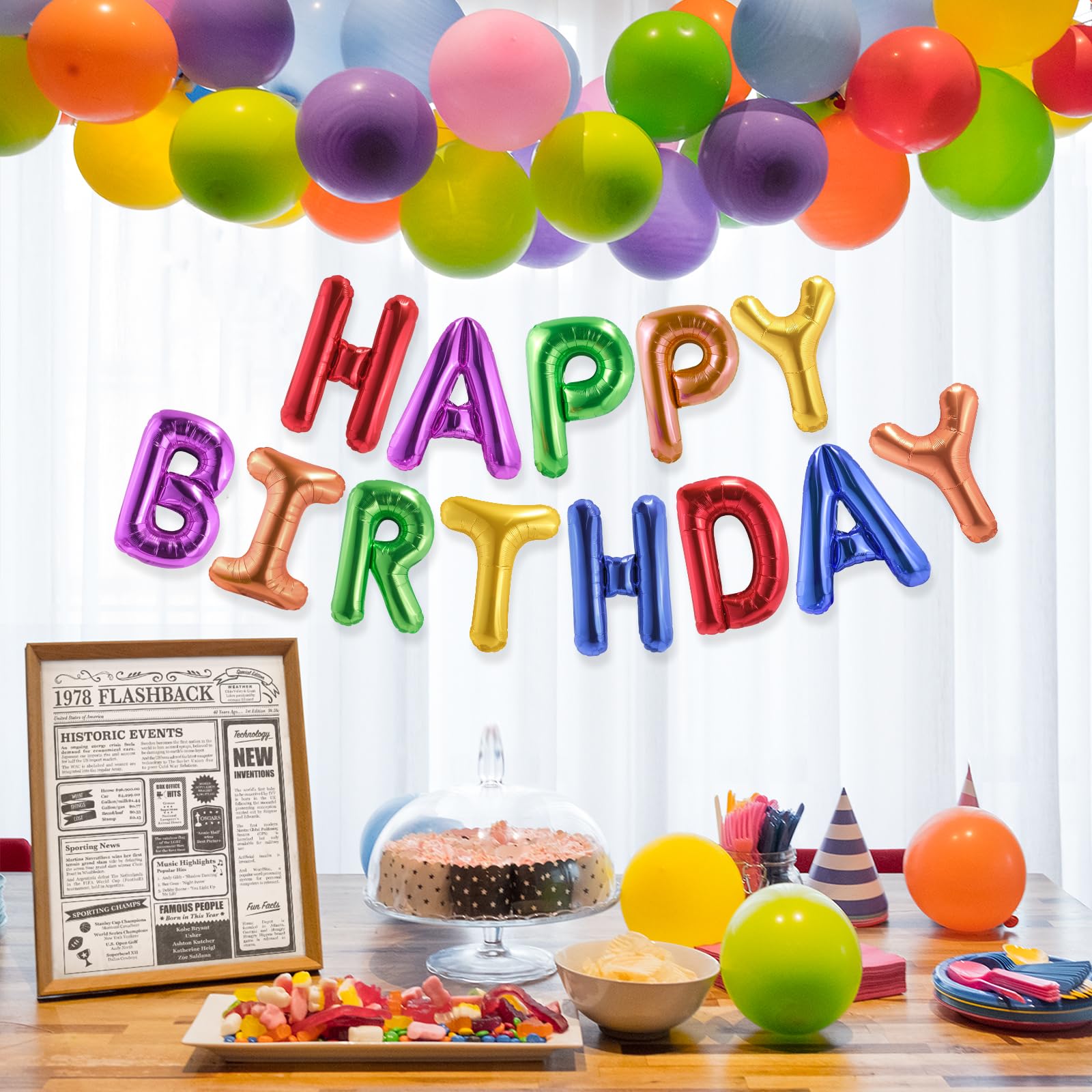 CANREVEL Happy Birthday Banner – 13 Pcs, 16-Inch Rainbow Mylar Letters, Birthday Party Decor