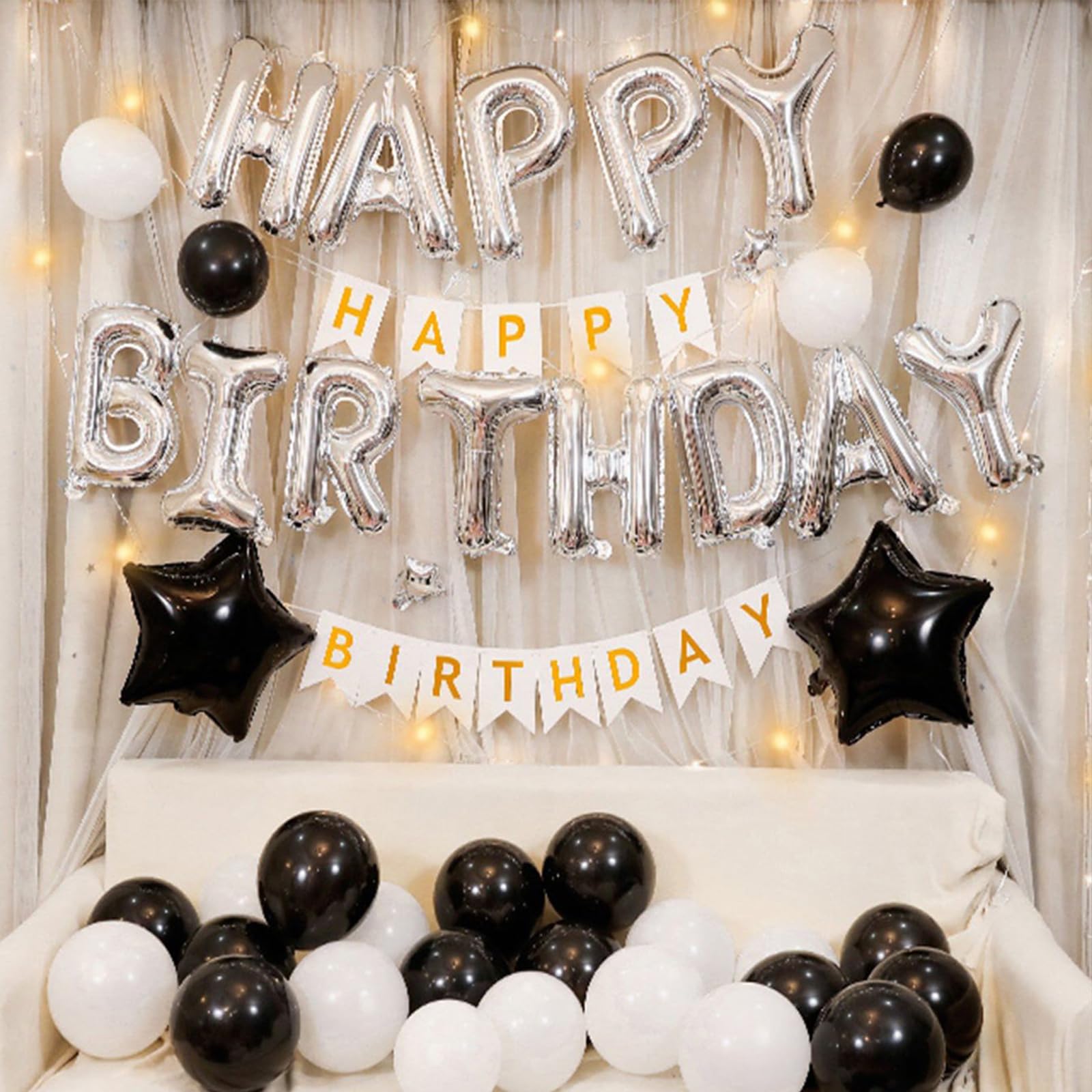 CANREVEL Happy Birthday Banner 13pcs – 16 inch Mylar Foil Letters with LED Lights (3D Silver)