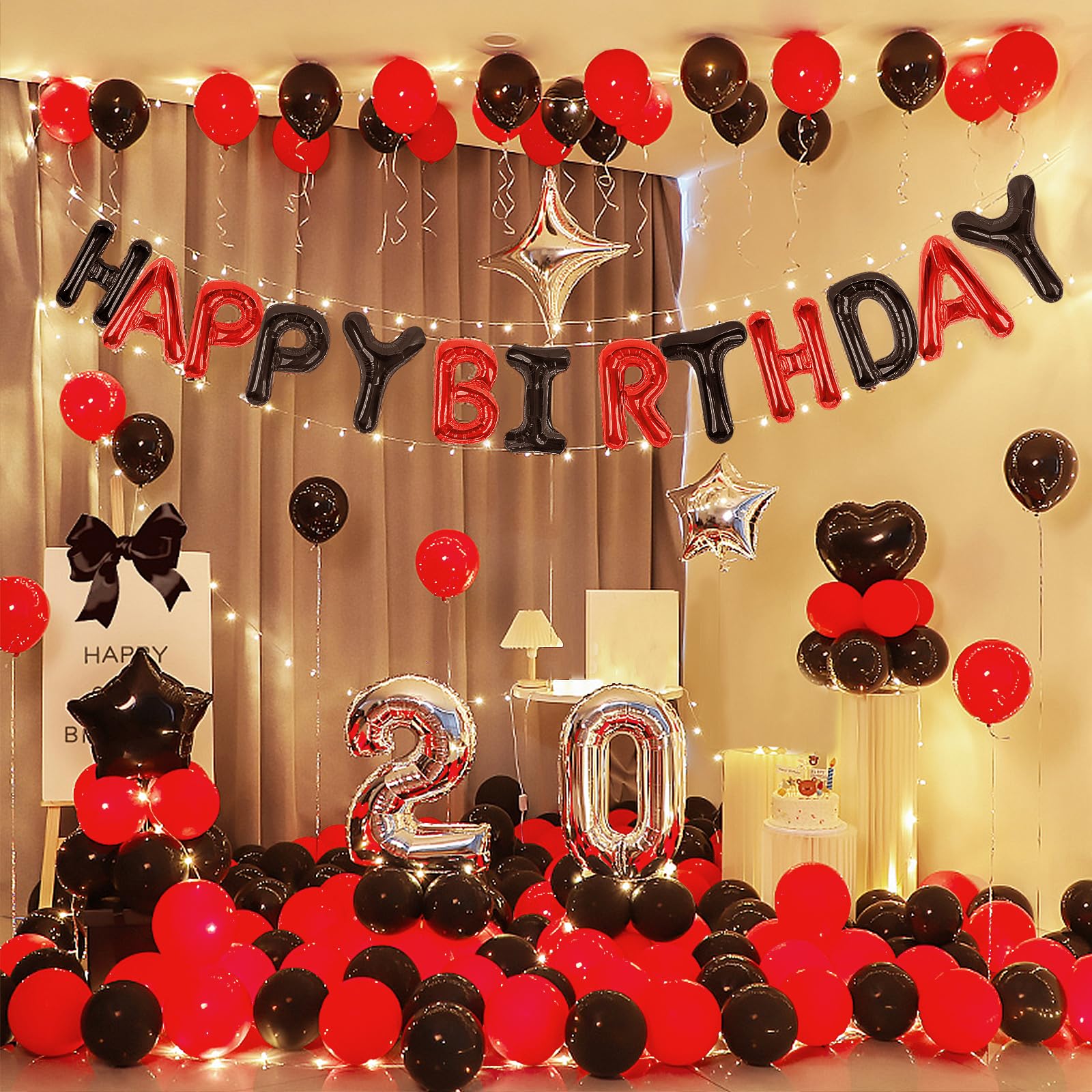 CANREVEL Happy Birthday Banner 13pcs 16 Inch Mylar Foil Letters with LED Lights – Black & Red Party Decor