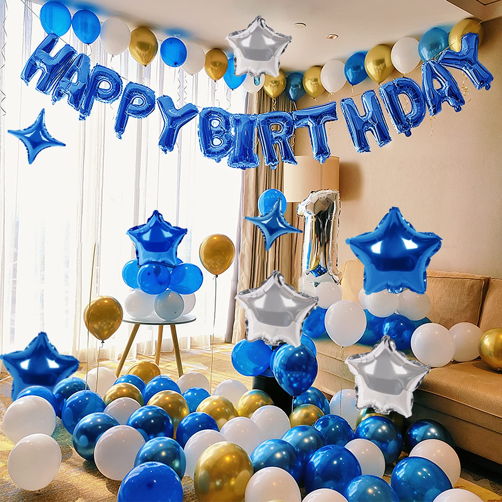 CANREVEL Happy Birthday Banner 13pcs - 16in Blue Mylar Foil Letters & Balloons