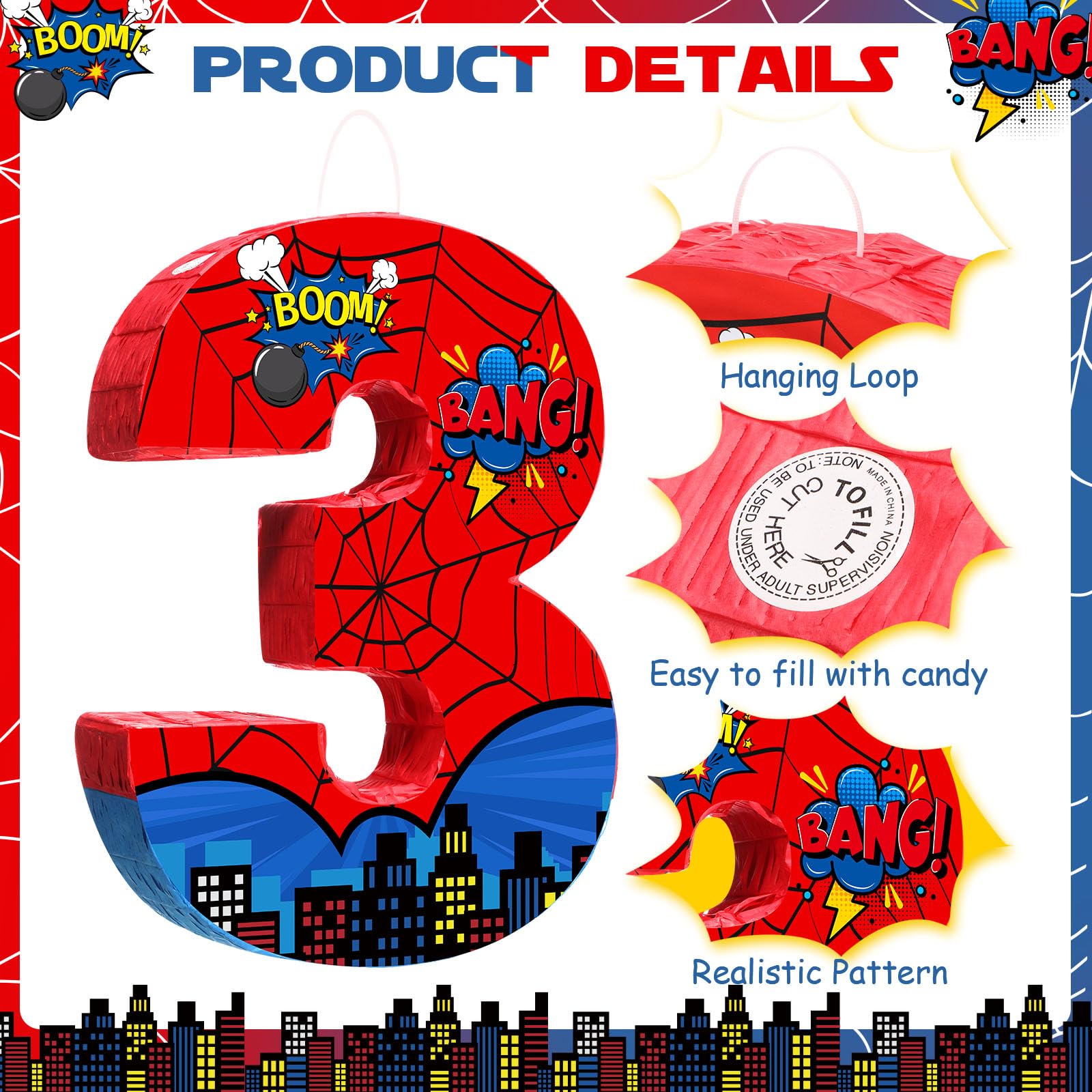 Capoda Number 3 Spider Piñata Bundle with Blindfold & Bat – 16.14 x 12.32 x 2.76 in