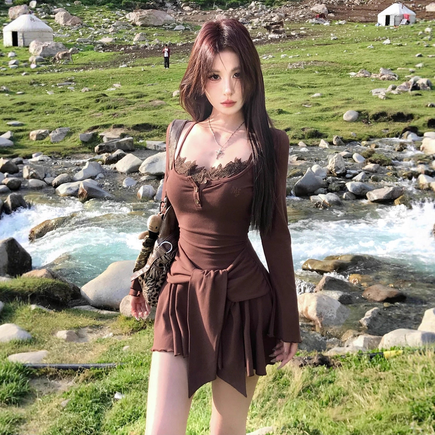 Fashionable Street-style Outfit Coat Suspender Dress For Sassy Girls