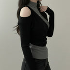 New Color-blocked Mock-neck Slim-fit Top
