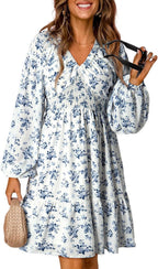 V-neck Long Sleeve Pleated Elastic Waist Casual Dress
