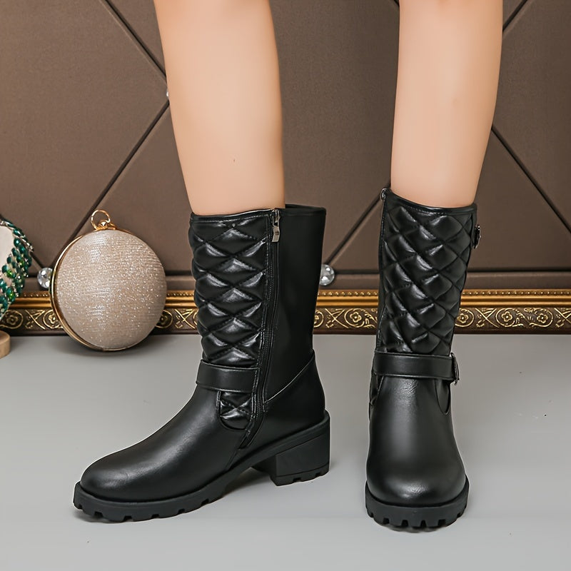 Women'S Quilted Mid-Calf Boots with Buckle Detail - Solid Color Platform Heel