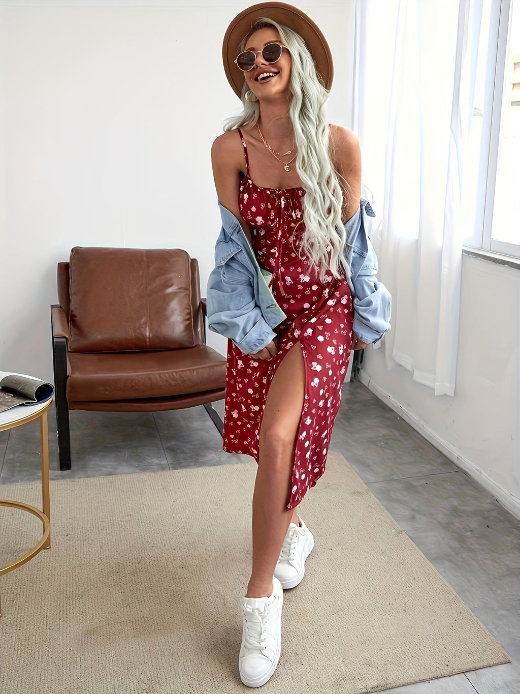 Print Summer Dress for Women - Sleeveless with Side Slit, Polyester, Machine Washable, Adjustable Spaghetti Straps, Spaghetti Suspender Dress