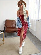 Print Summer Dress for Women - Sleeveless with Side Slit, Polyester, Machine Washable, Adjustable Spaghetti Straps, Spaghetti Suspender Dress