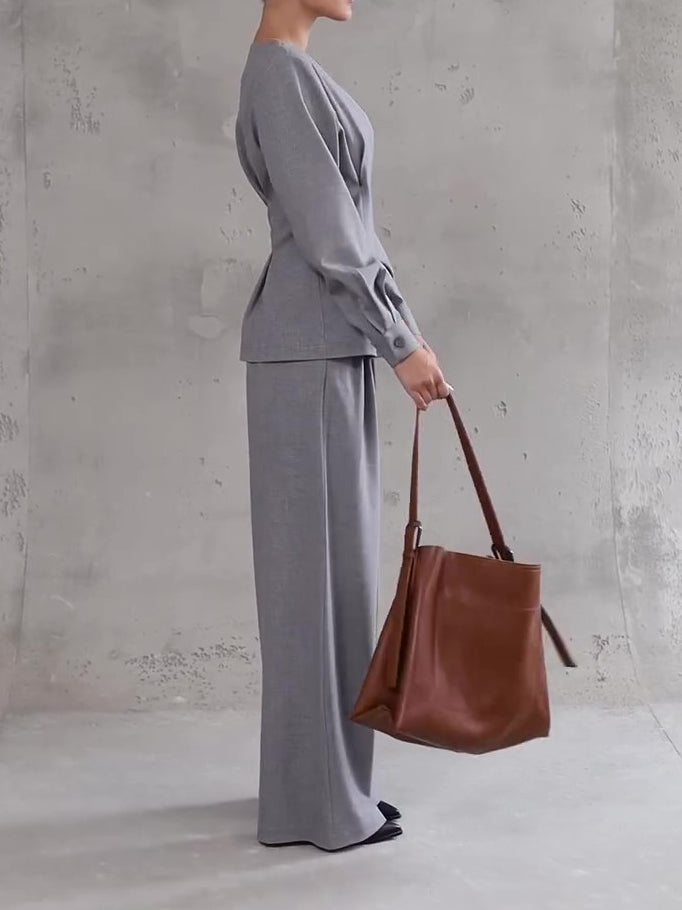 Light Gray V-Neck Asymmetrical Button Top & Wide-Leg Pants Set