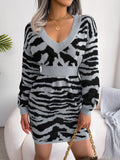 Women's Fashionable Tiger-print Sweater Dress With Lantern Sleeves And A Fitted Waist