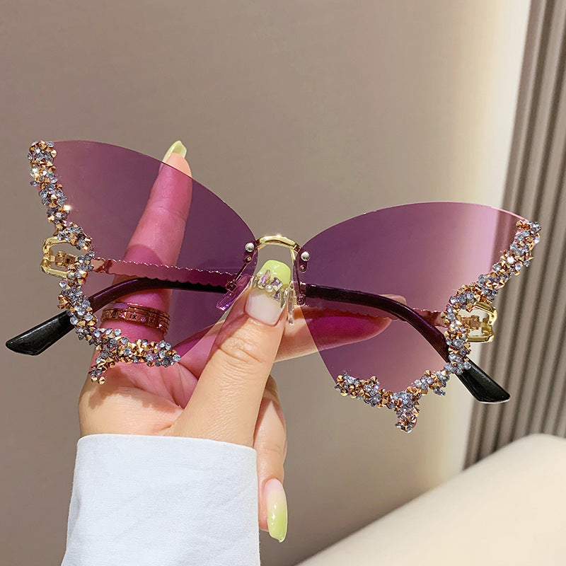 Luxus Diamant Schmetterling Sonnenbrille Damen Marke Y2K Vintage Randlose Oversized Sonnenbrille Damen Brillen Shades