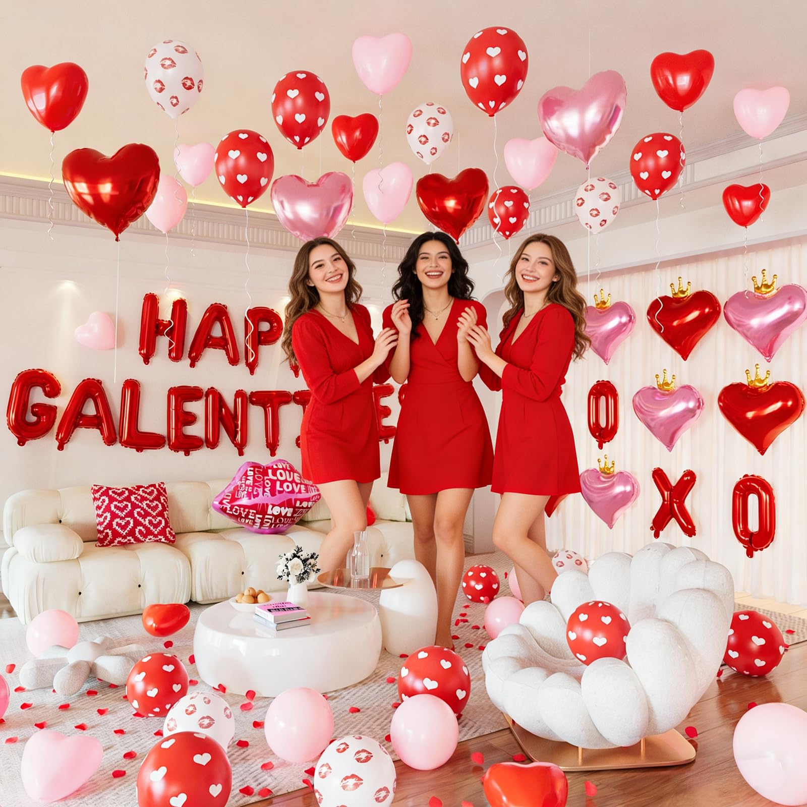 CboDeco Happy Galentines Day Decorations Kit – Red Banner, Hearts & Balloons for Galentine's Party