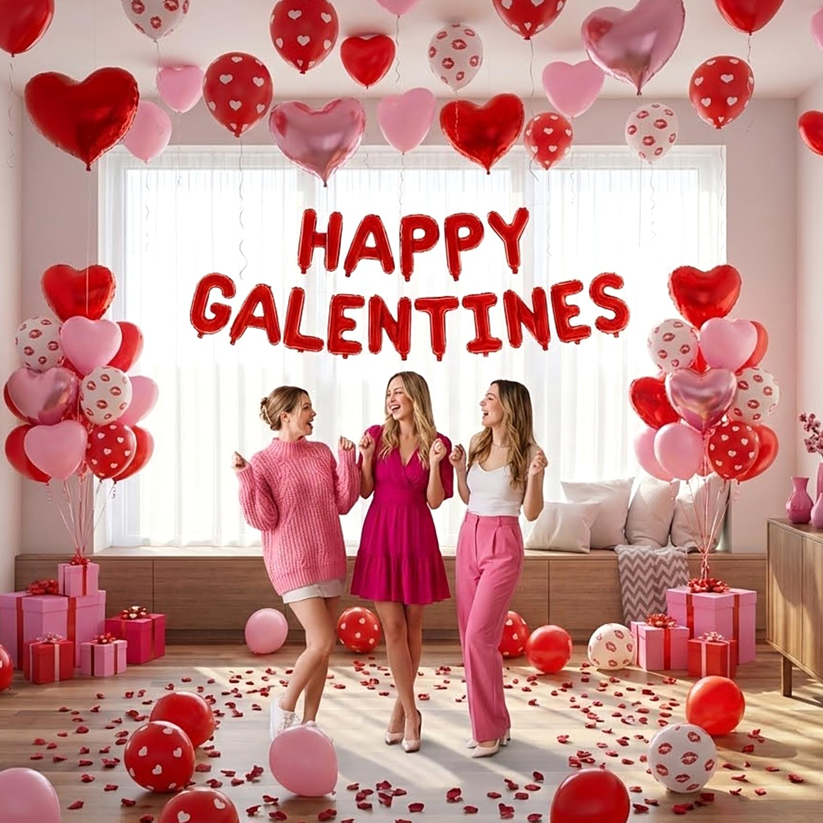 CboDeco Happy Galentines Day Decorations Kit – Red Banner, Hearts & Balloons for Galentine's Party