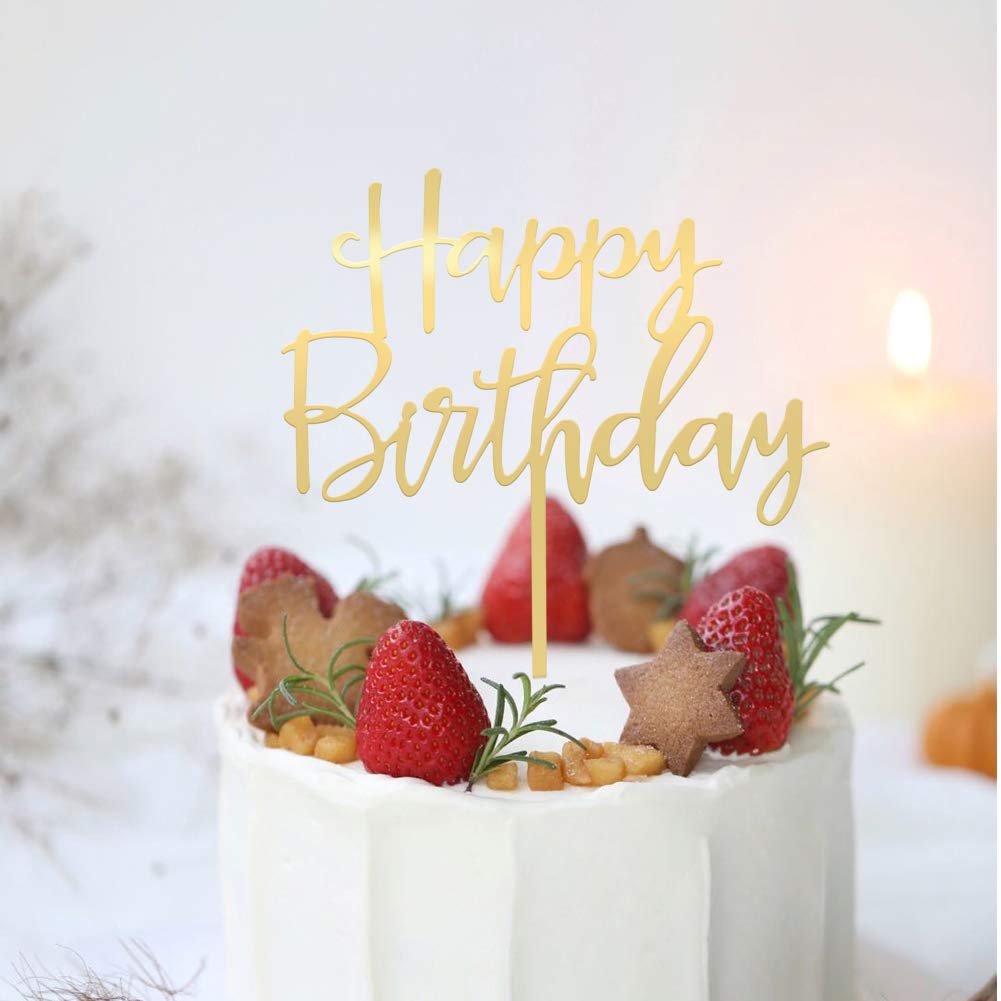 CC TOWN Happy Birthday Topper - Mirrored Gold Acrylic Cake Topper, 6x7 in, Food Safe