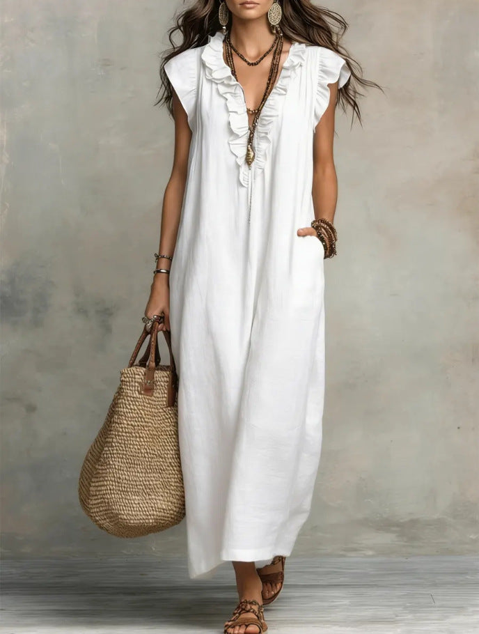 Summer Ruffle Dress With Pockets Women's Spring Elegant Casual Sleeveless A-Line Shift Dresses