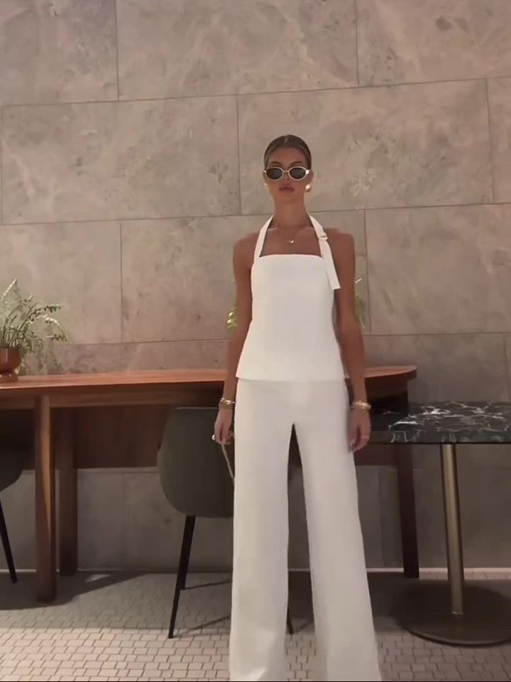 White Backless Halterneck Vest & High-waisted Pants Suit