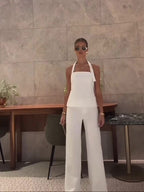 White Backless Halterneck Vest & High-waisted Pants Suit
