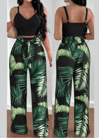 Women's Solid Color Slim Elastic Pleated Two-Piece Suit Sexy Spaghetti Strap V-neck Backless Vest High Waist Wide Leg Pants Suit