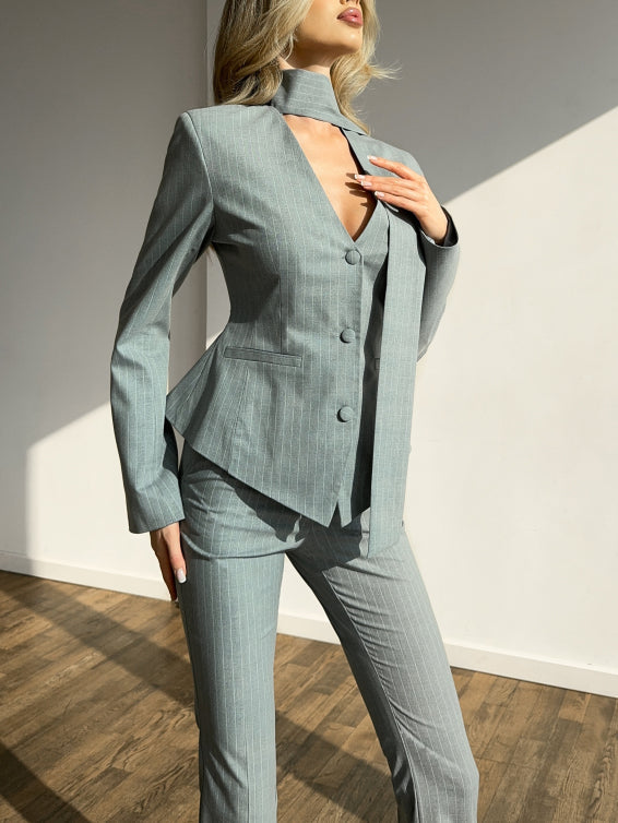 Striped V-neck Top & High-waisted Pants Set