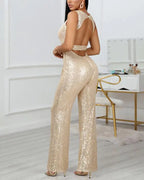 Glitter Round Neck Sleeveless Backless Sequins Jumpsuit