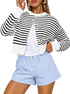 Buttoned Long-sleeve Crew-neck Solid-color Cropped Knit Sweater