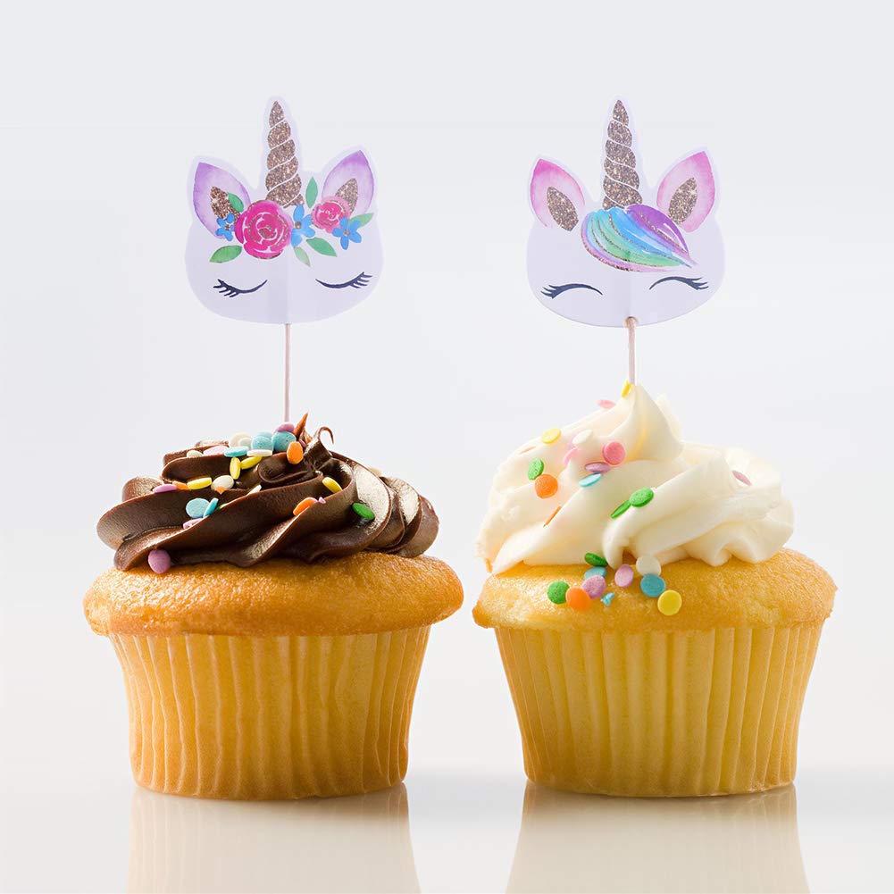 CCINEE Rainbow Unicorn Cupcake Toppers – 48-Pack Double-Sided Paper Picks for Birthday Party Decor
