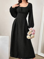 Women's Fashion Square-neck Tie-waist Figure-flattering A-line Dress With Long Sleeves And An Elegant Vibe