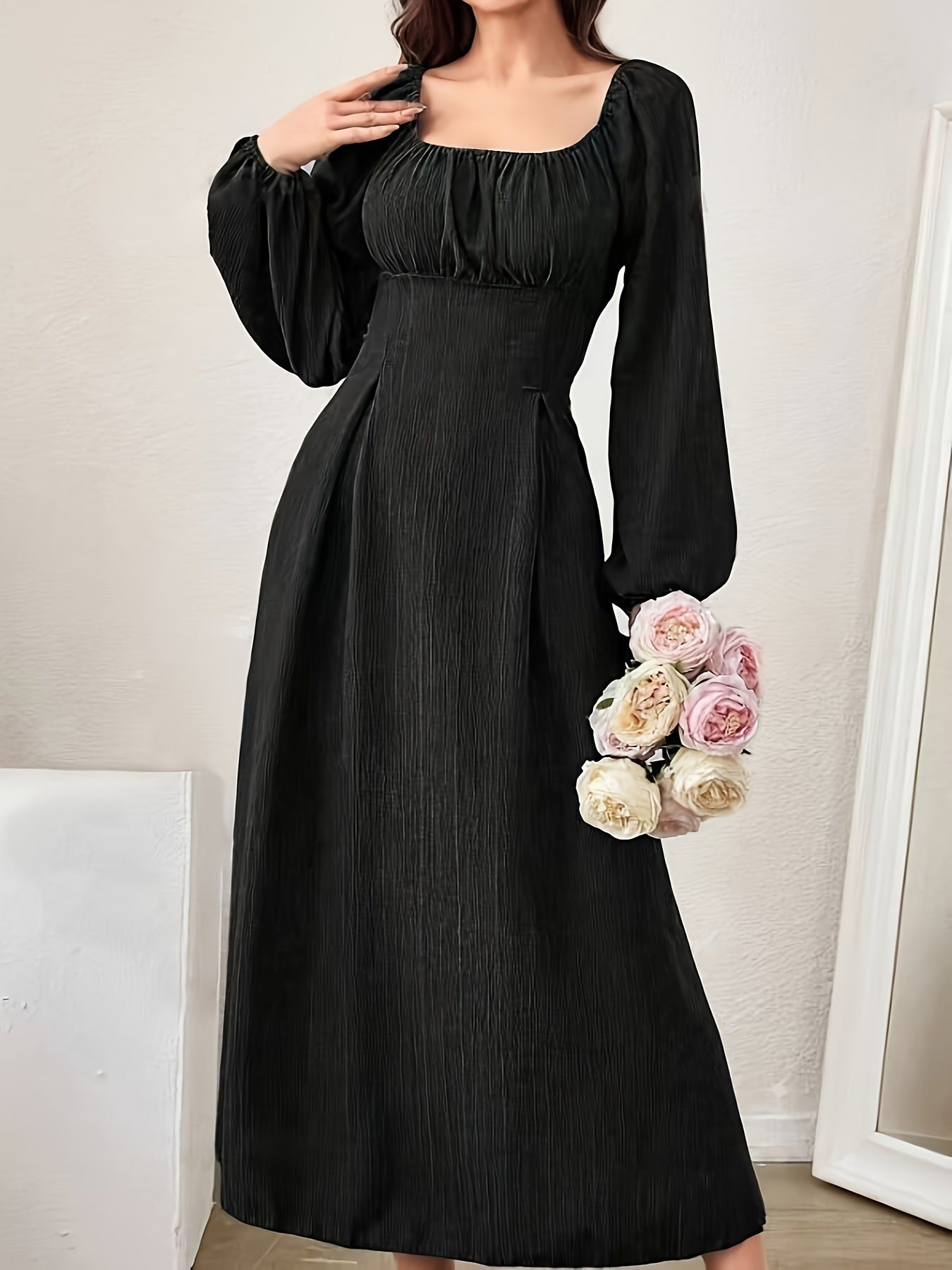 Women's Fashion Square-neck Tie-waist Figure-flattering A-line Dress With Long Sleeves And An Elegant Vibe