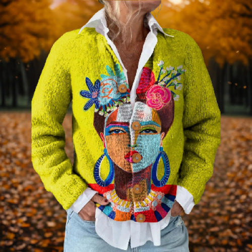Women's Retro 3D Digital Print Cardigan Sweater Coat