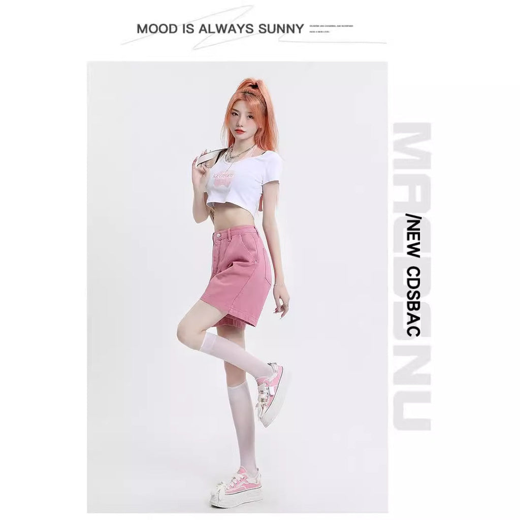 Women's Denim Shorts Fashion Retro Summer High-waisted Slim Wide-leg Pants