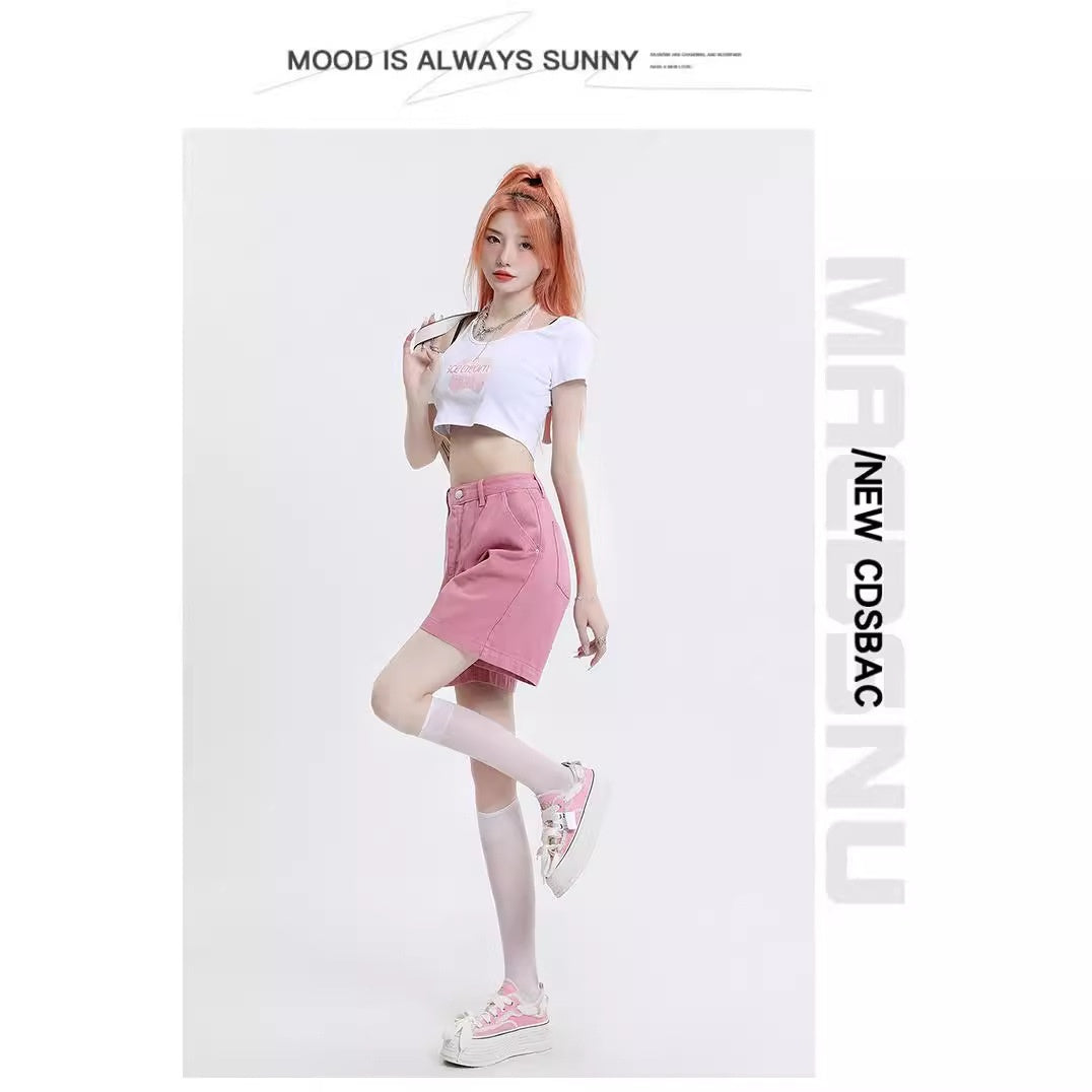 Women's Denim Shorts Fashion Retro Summer High-waisted Slim Wide-leg Pants