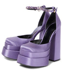 Super High Heel Platform Thick Heel Hollow Square Toe Satin Hate Sky High Baotou Plus Size Catwalk Sandals High Heels