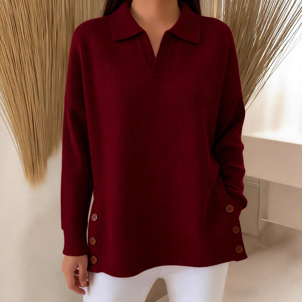 Women's Solid-Color Lapel Pullover Long-Sleeve Top