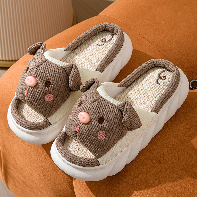 Cute Piggy Slippers Open Toe Linen Home Slipper Couples Women Men Cartoon Pig House Shoes